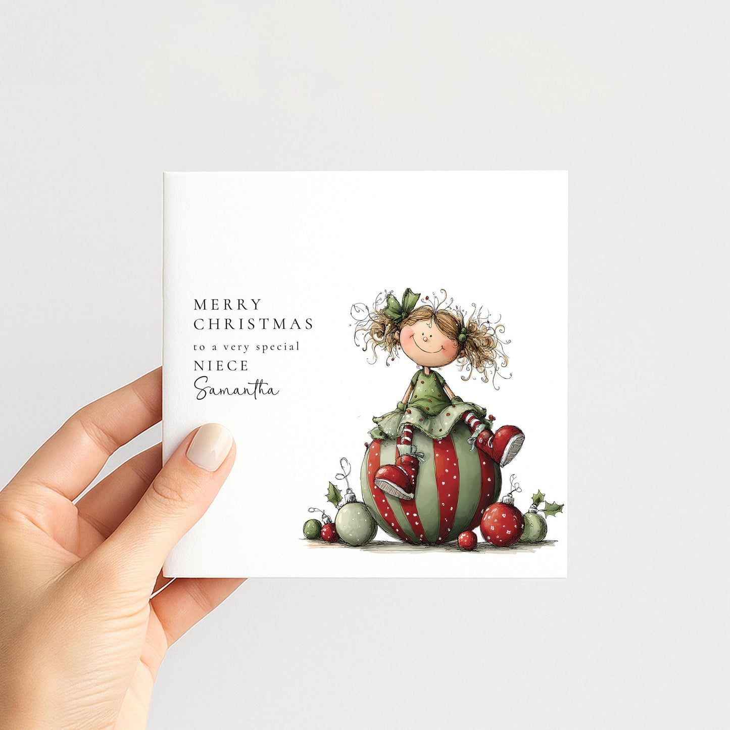 Neice Christmas Card Personalised, Cute Christmas Card for Niece, Festive Girl Illustration, Special Niece Xmas Card UK