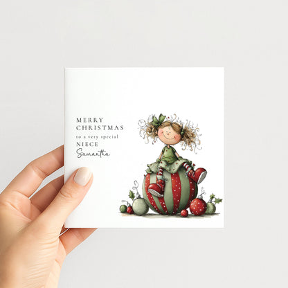 Neice Christmas Card Personalised, Cute Christmas Card for Niece, Festive Girl Illustration, Special Niece Xmas Card UK