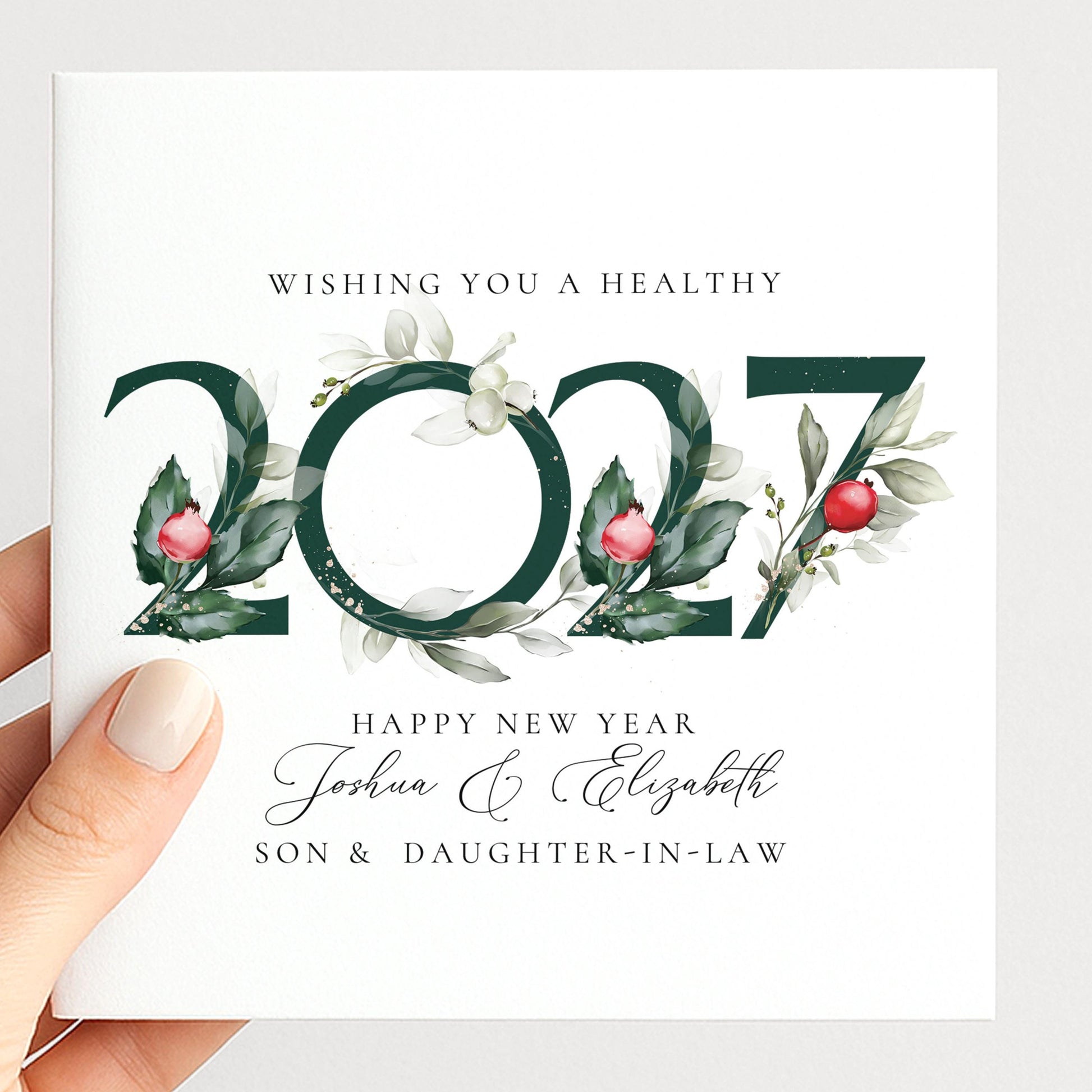 Personalised New Year Card Son and Daughter In Law, Happy New Year 2027 Card, Botanical New Year Card, Floral 2027 New Year Couple Card