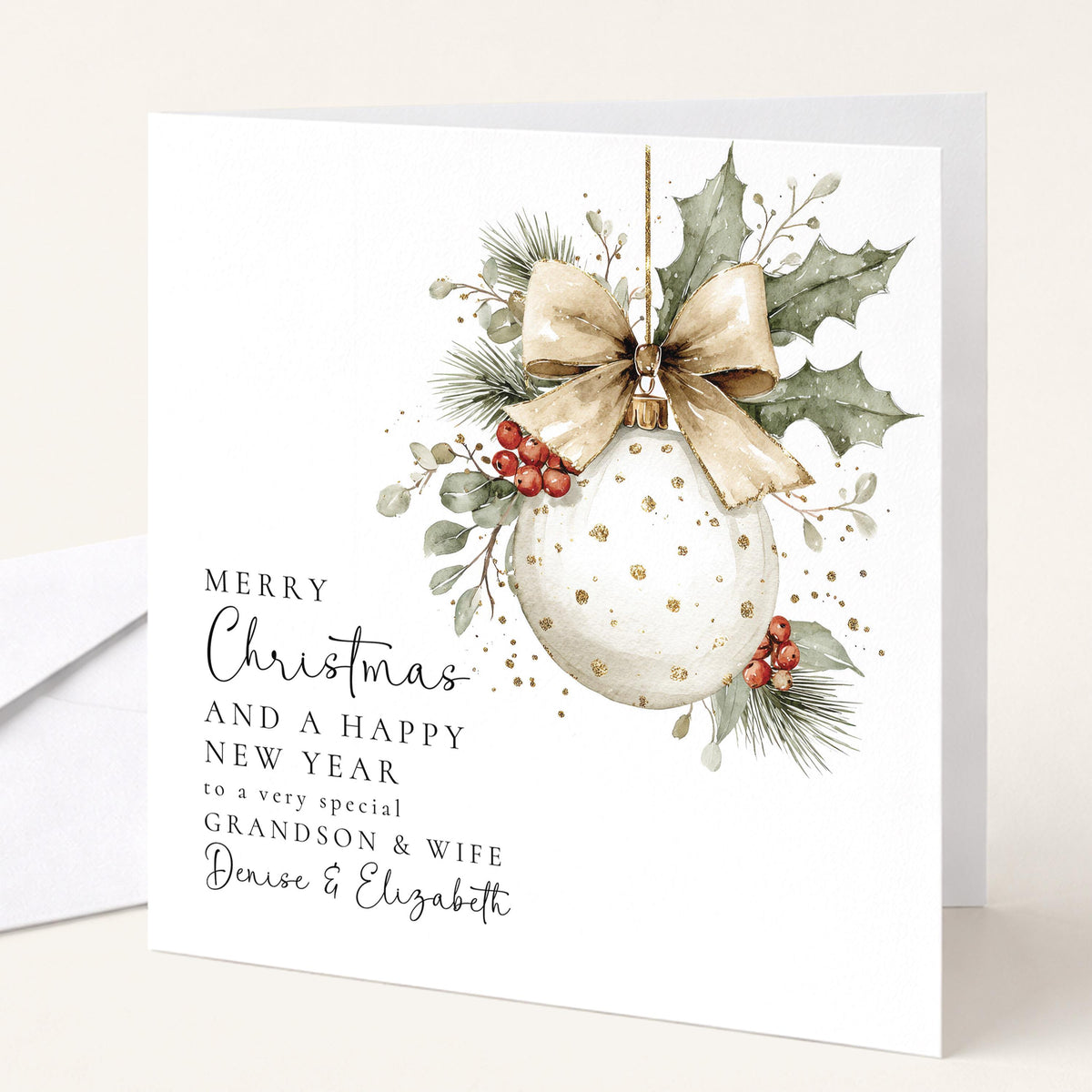 Personalised Christmas Card Grandson and Wife, Merry Christmas Grandson Wife Card, Gold Dot Bauble Xmas Card, Couple Christmas Card Grandson