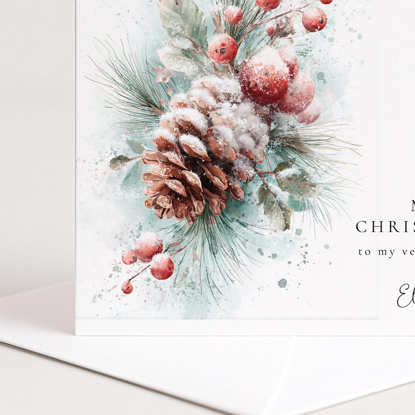 Personalised Christmas Card Friend, Merry Christmas Friend Botanical Card, Pinecone Xmas Card for Her, Elegant Personalised Friend Xmas Card