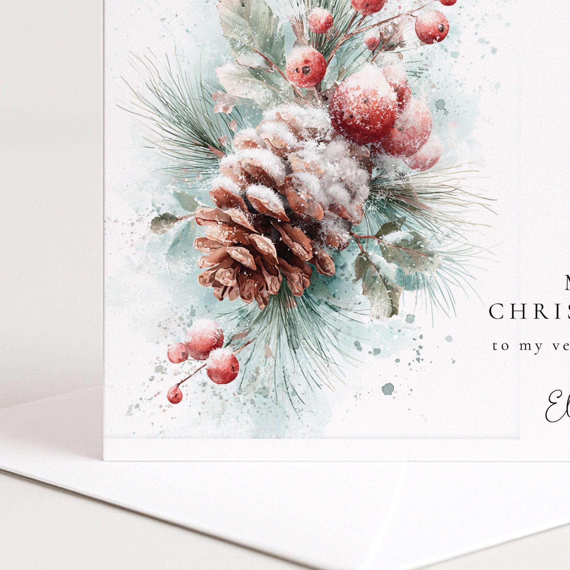 Personalised Christmas Card Friend, Merry Christmas Friend Botanical Card, Pinecone Xmas Card for Her, Elegant Personalised Friend Xmas Card