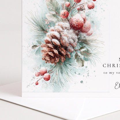 Personalised Christmas Card Friend, Merry Christmas Friend Botanical Card, Pinecone Xmas Card for Her, Elegant Personalised Friend Xmas Card