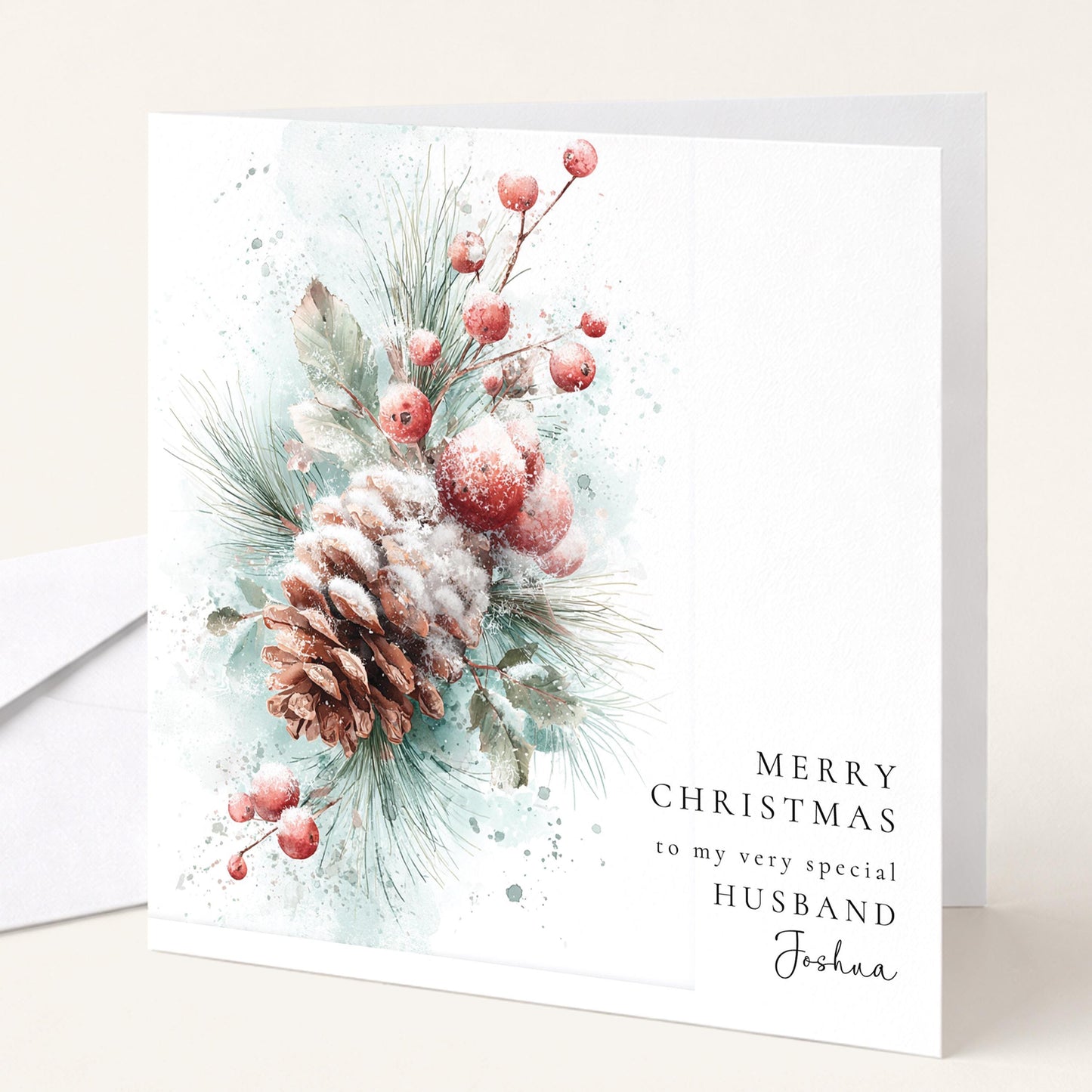 Personalised Christmas Card Husband, Merry Christmas Husband Botanical Card, Pinecone Xmas Card Him, Elegant Personalised Husband Xmas Card