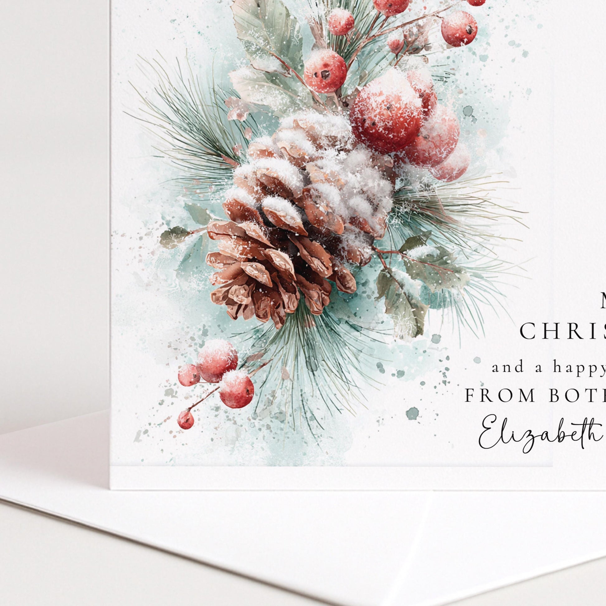 Personalised Christmas Card From Both of Us, Merry Christmas Happy New Year Botanical Card, Pinecone Xmas Card Couple, Joint Sending Card