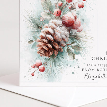 Personalised Christmas Card From Both of Us, Merry Christmas Happy New Year Botanical Card, Pinecone Xmas Card Couple, Joint Sending Card