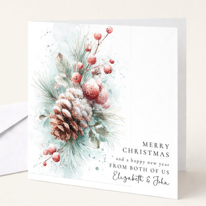 Personalised Christmas Card From Both of Us, Merry Christmas Happy New Year Botanical Card, Pinecone Xmas Card Couple, Joint Sending Card