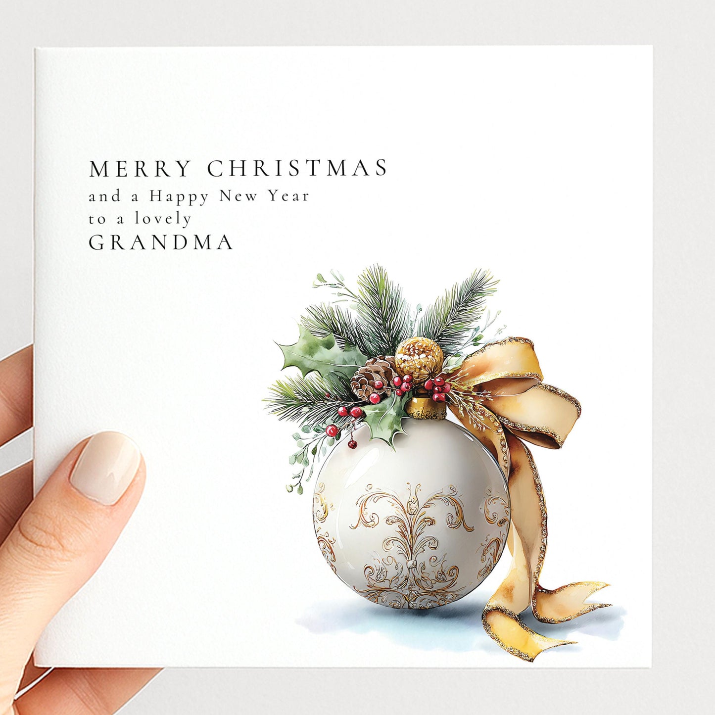 Christmas Card for Grandma, Merry Christmas Grandma Happy New Year Card, Gold Bauble Botanical Xmas Card, Special Grandma Christmas Card