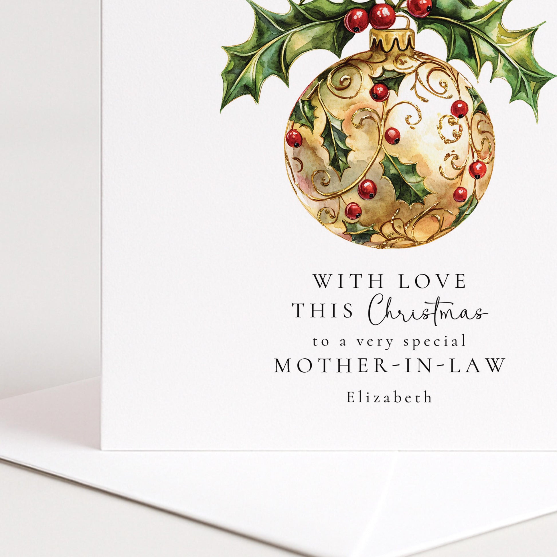 Personalised Christmas Card Mother In Law, With Love This Christmas Mother In Law Card, Gold Holly Bauble Xmas Card, Special Mother In Law