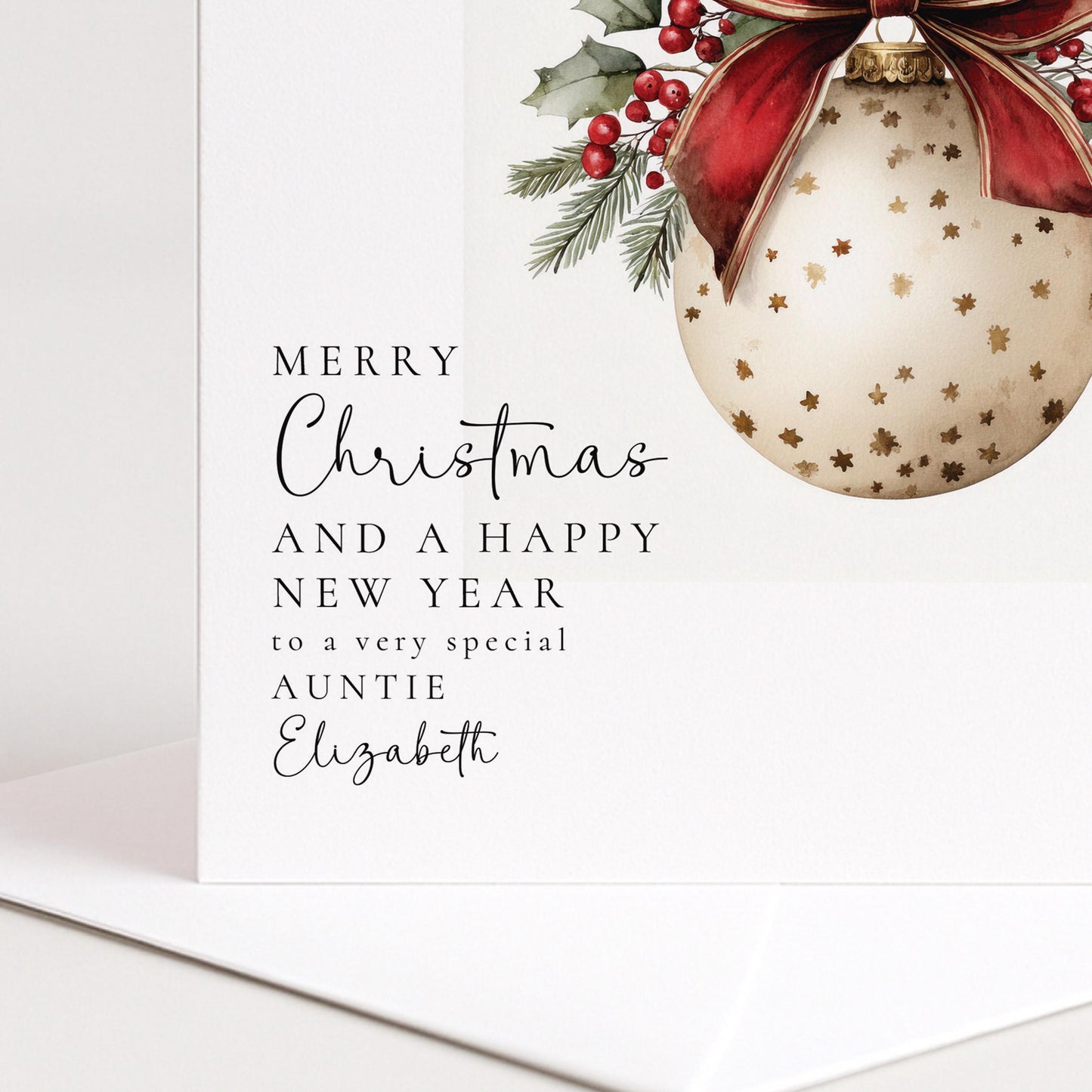 Personalised Christmas Card Auntie, Merry Christmas Auntie Happy New Year Card, Red Bow Bauble Xmas Card, Special Auntie Christmas Card