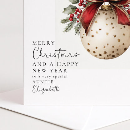 Personalised Christmas Card Auntie, Merry Christmas Auntie Happy New Year Card, Red Bow Bauble Xmas Card, Special Auntie Christmas Card