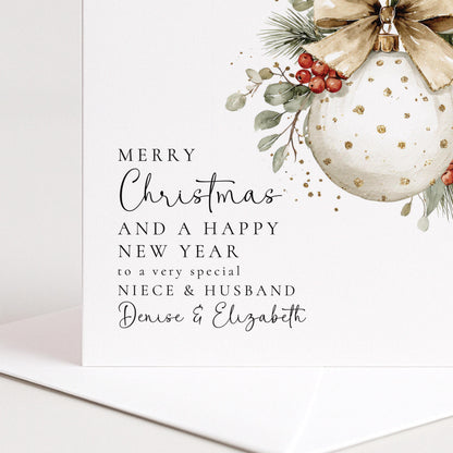 Personalised Christmas Card Niece and Husband, Merry Christmas Niece Husband Card, Gold Dot Bauble Xmas Card, Couple Christmas Card Niece