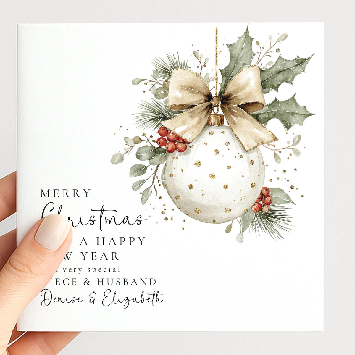 Personalised Christmas Card Niece and Husband, Merry Christmas Niece Husband Card, Gold Dot Bauble Xmas Card, Couple Christmas Card Niece