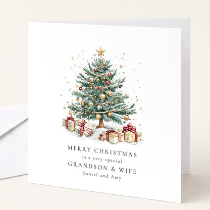 Personalised Grandson and Wife Christmas Card Xmas Tree Card with Names UK Family Card