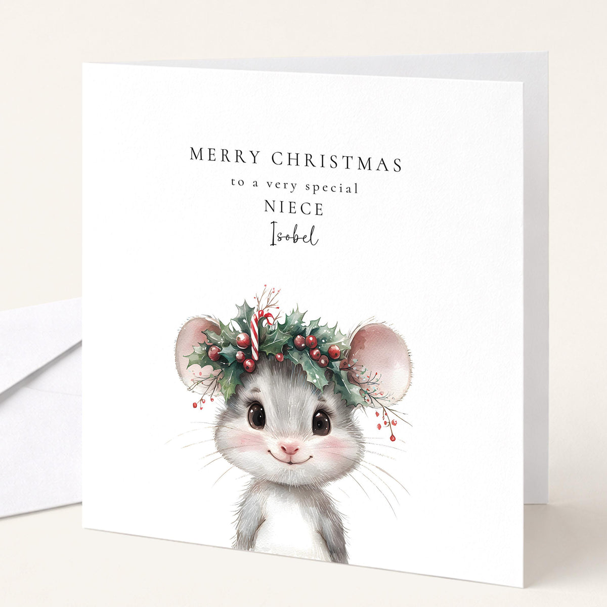 Personalised Niece Christmas Card Cute Mouse Xmas Card with Name UK