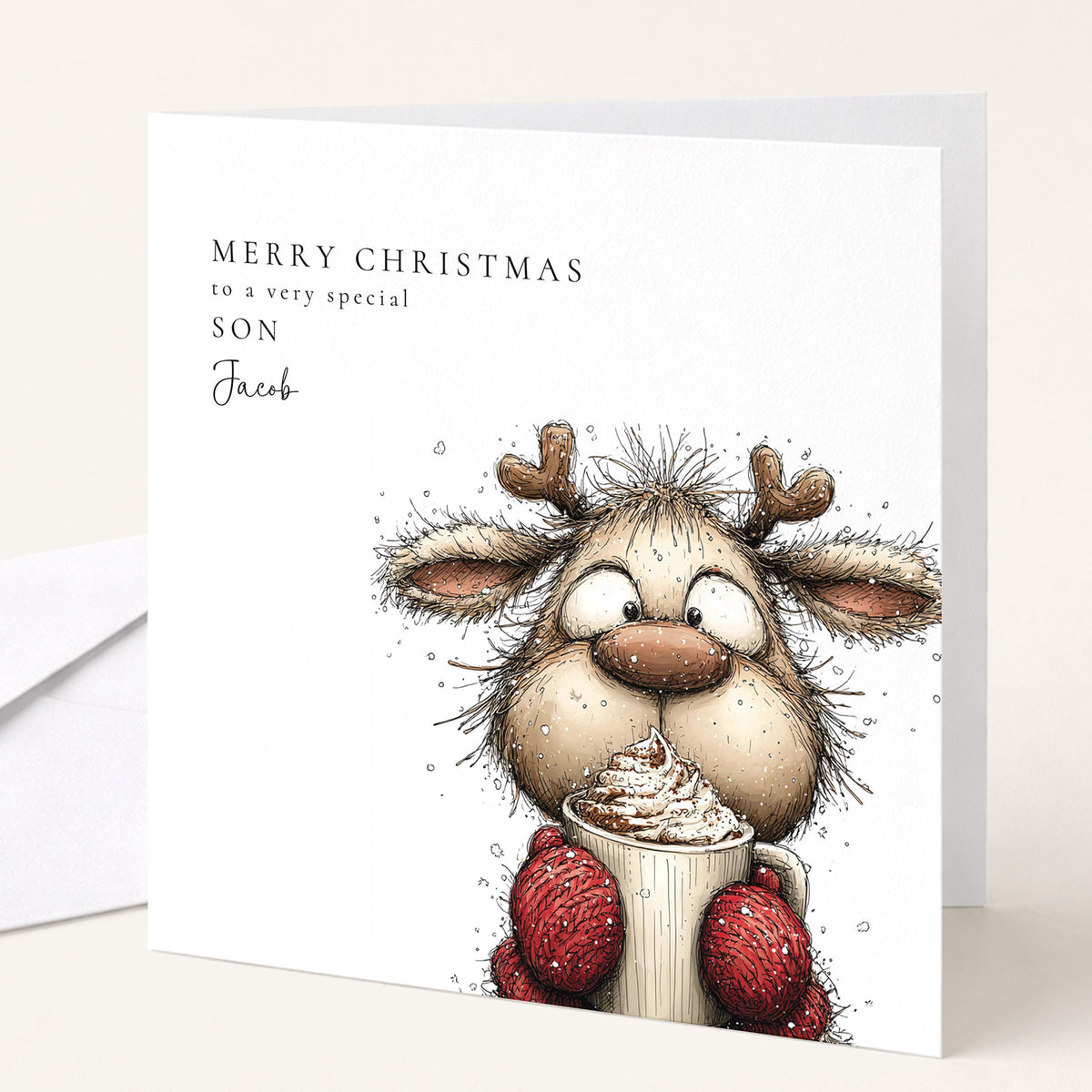 Personalised Christmas Card Son, Cute Reindeer Son Xmas Card, Funny Animal Christmas Card for Boy, Special Son Xmas Card