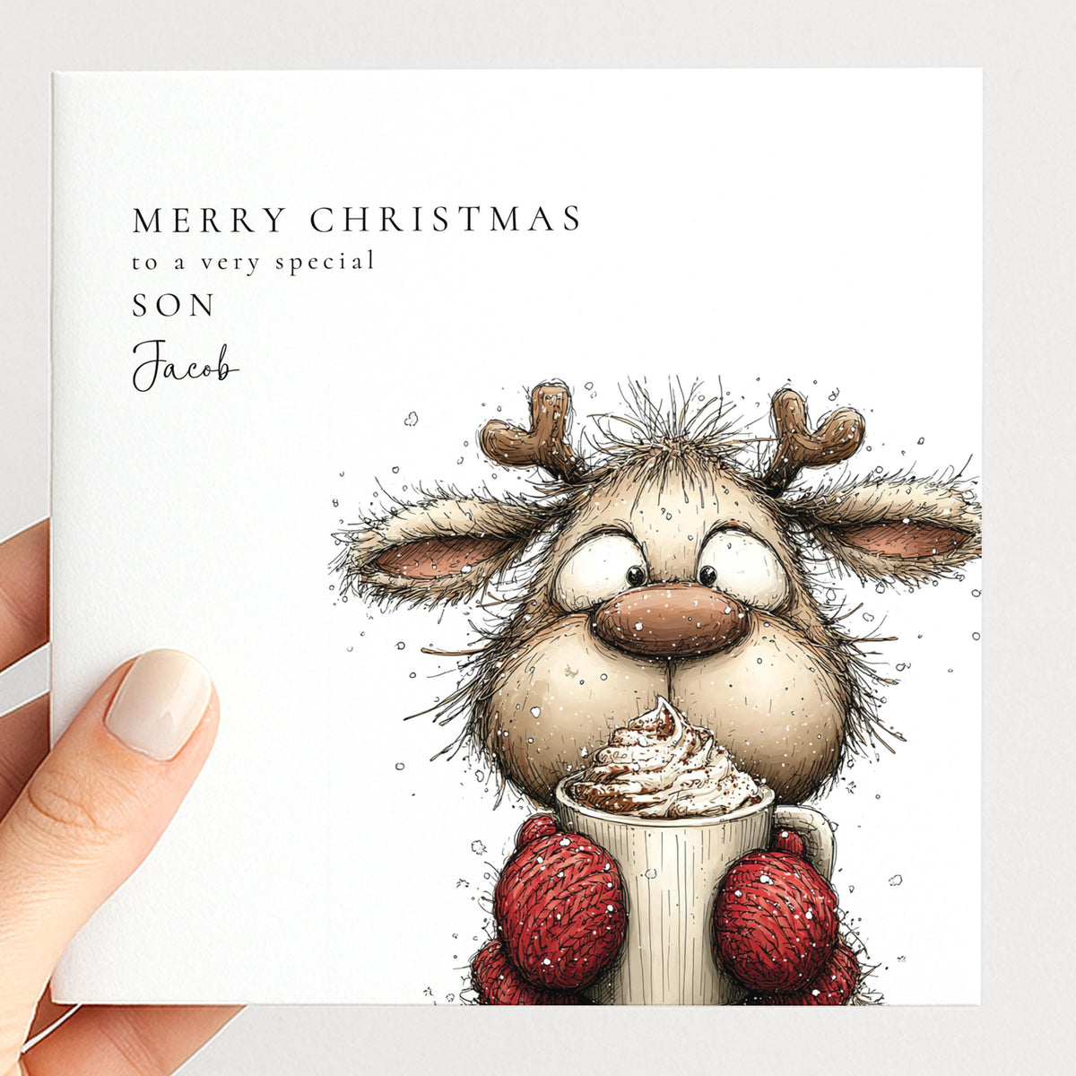 Personalised Christmas Card Son, Cute Reindeer Son Xmas Card, Funny Animal Christmas Card for Boy, Special Son Xmas Card