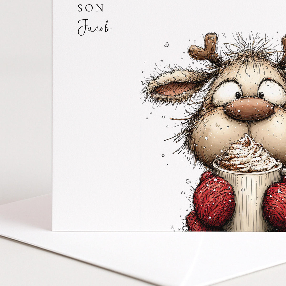 Personalised Christmas Card Son, Cute Reindeer Son Xmas Card, Funny Animal Christmas Card for Boy, Special Son Xmas Card