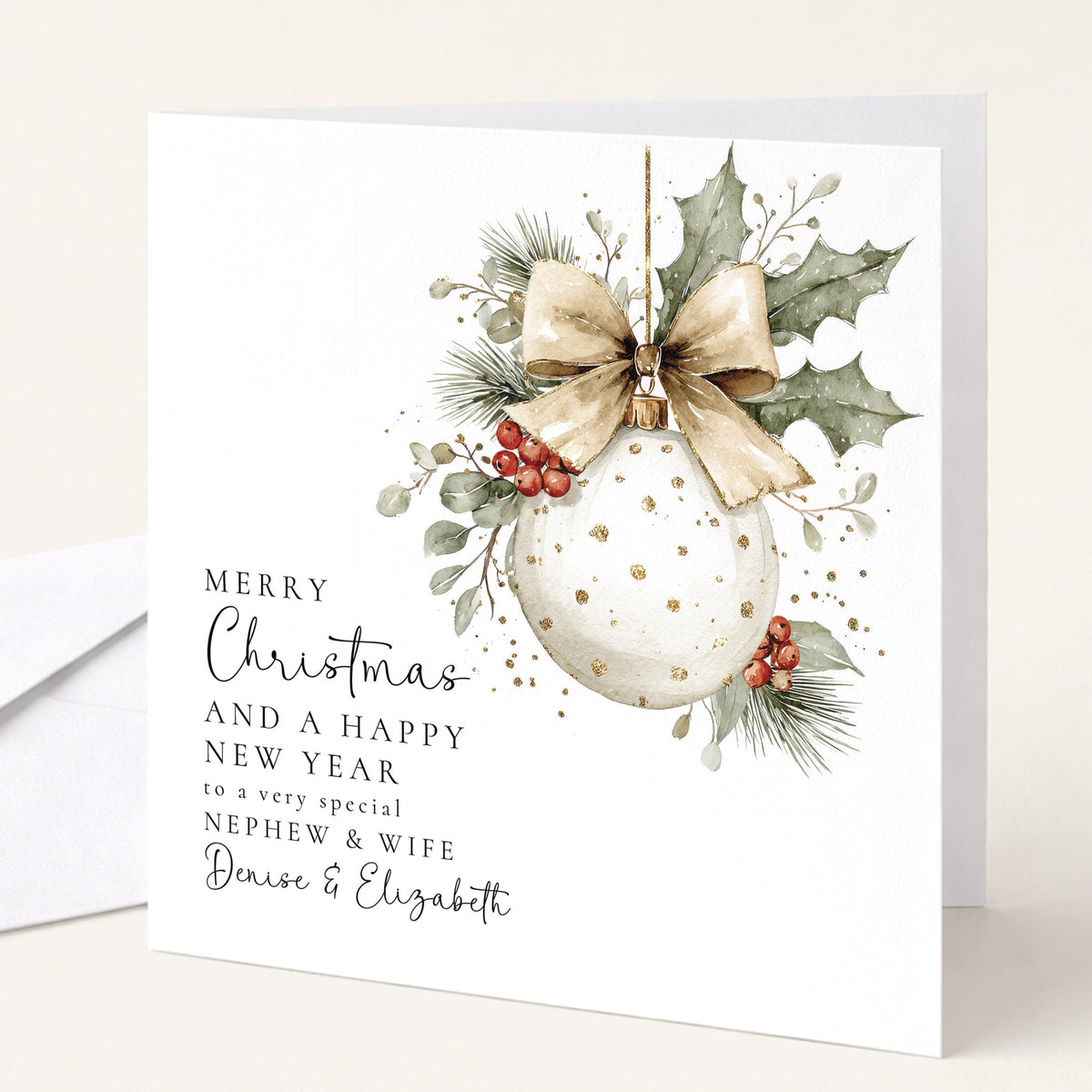 Personalised Christmas Card Nephew and Wife, Merry Christmas Nephew Wife Card, Gold Dot Bauble Xmas Card, Couple Christmas Card Nephew