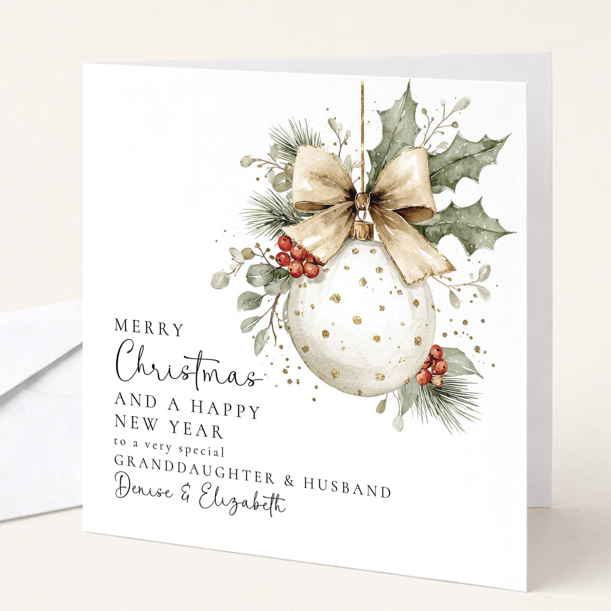 Personalised Christmas Card Granddaughter and Husband, Merry Christmas Granddaughter Husband Card, Gold Dot Bauble Xmas Card, Couple Card