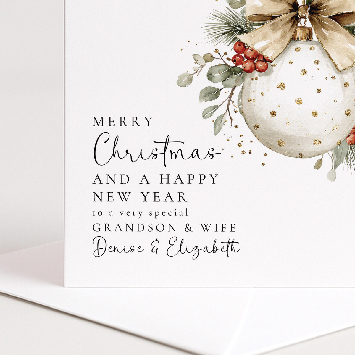 Personalised Christmas Card Grandson and Wife, Merry Christmas Grandson Wife Card, Gold Dot Bauble Xmas Card, Couple Christmas Card Grandson