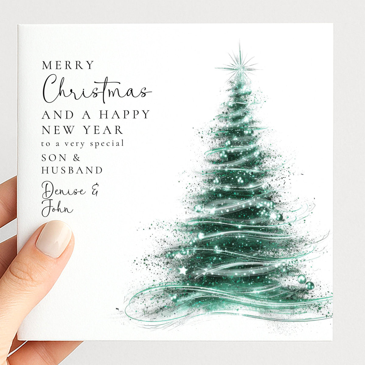 Personalised Christmas Card Son and Husband, Merry Christmas Son Husband Card, Glitter Teal Tree Xmas Card, Gay Couple Christmas Card