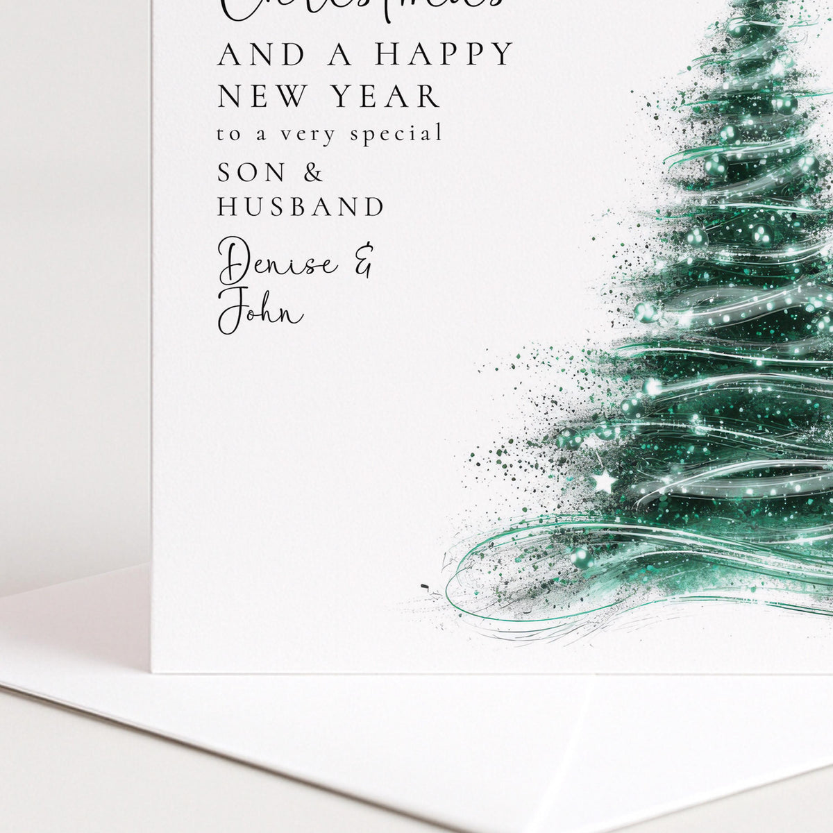 Personalised Christmas Card Son and Husband, Merry Christmas Son Husband Card, Glitter Teal Tree Xmas Card, Gay Couple Christmas Card