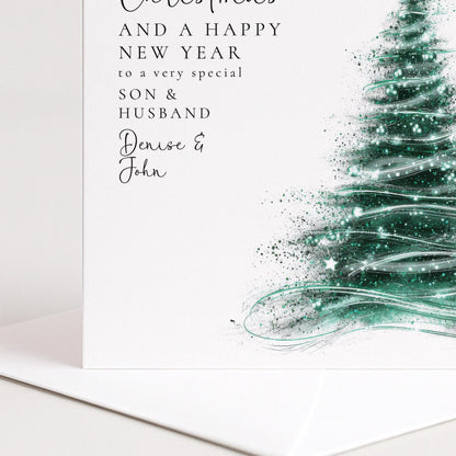 Personalised Christmas Card Son and Husband, Merry Christmas Son Husband Card, Glitter Teal Tree Xmas Card, Gay Couple Christmas Card
