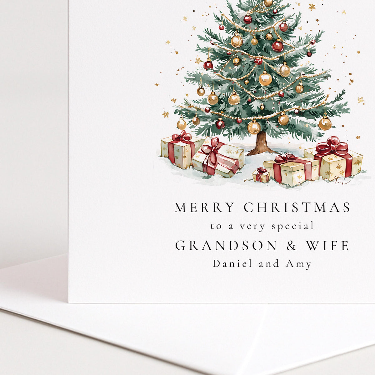 Personalised Grandson and Wife Christmas Card Xmas Tree Card with Names UK Family Card