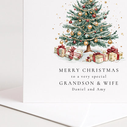 Personalised Grandson and Wife Christmas Card Xmas Tree Card with Names UK Family Card