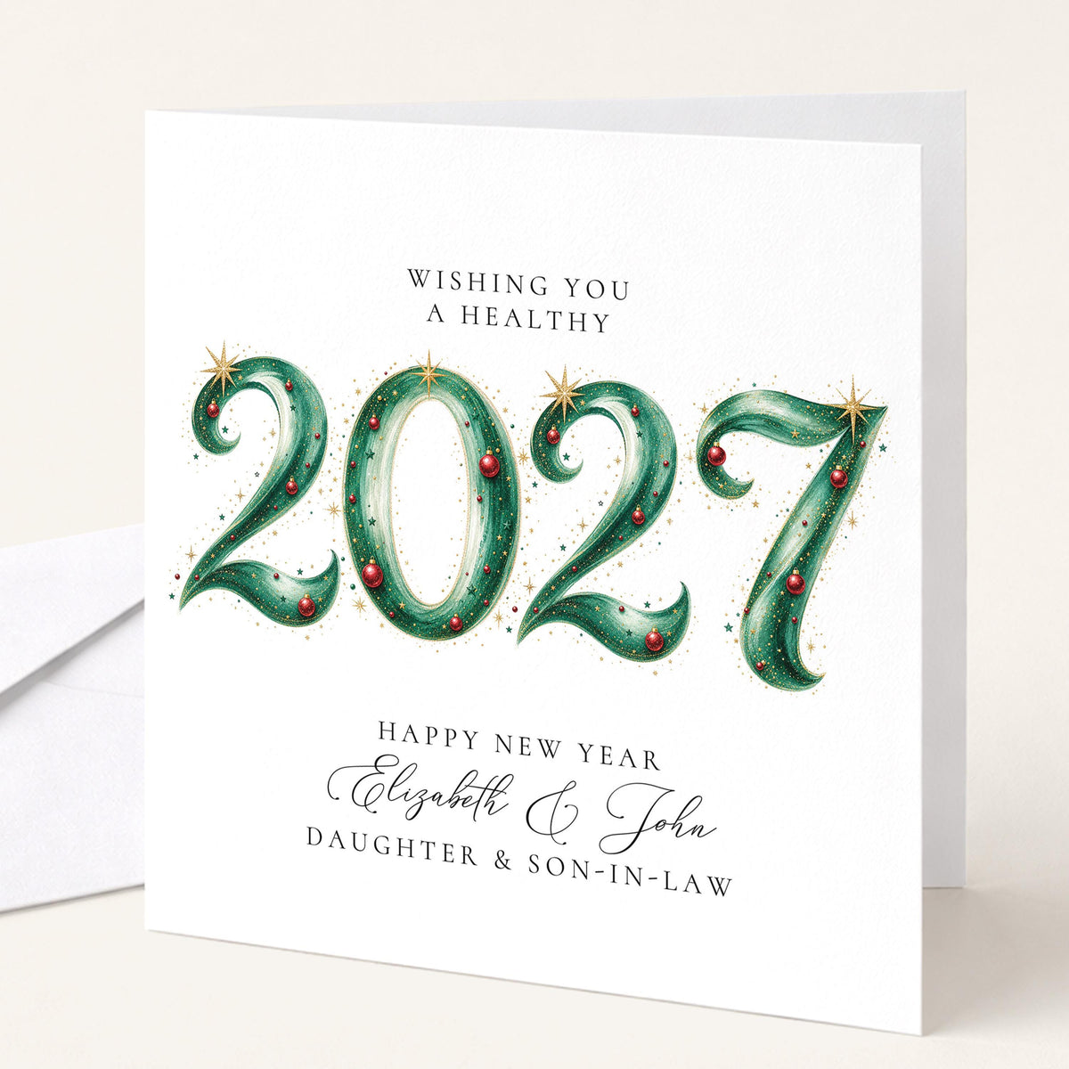 Personalised New Year Card Daughter Son-in-Law 2027 Bauble Design