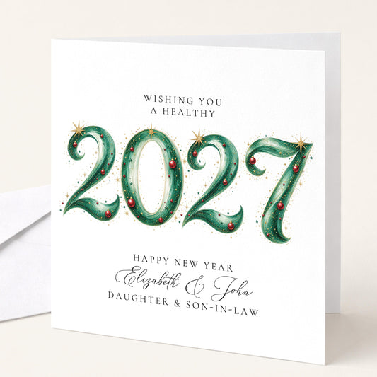 Personalised New Year Card Daughter Son-in-Law 2027 Bauble Design
