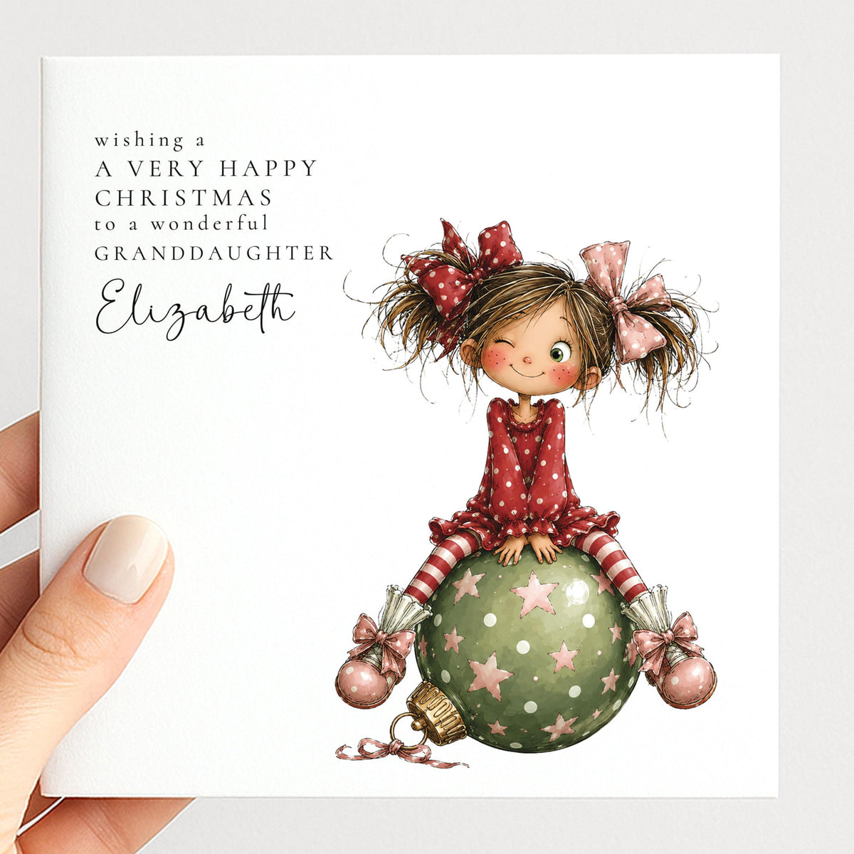 Personalised Christmas Card Granddaughter Cute Girl Bauble Design