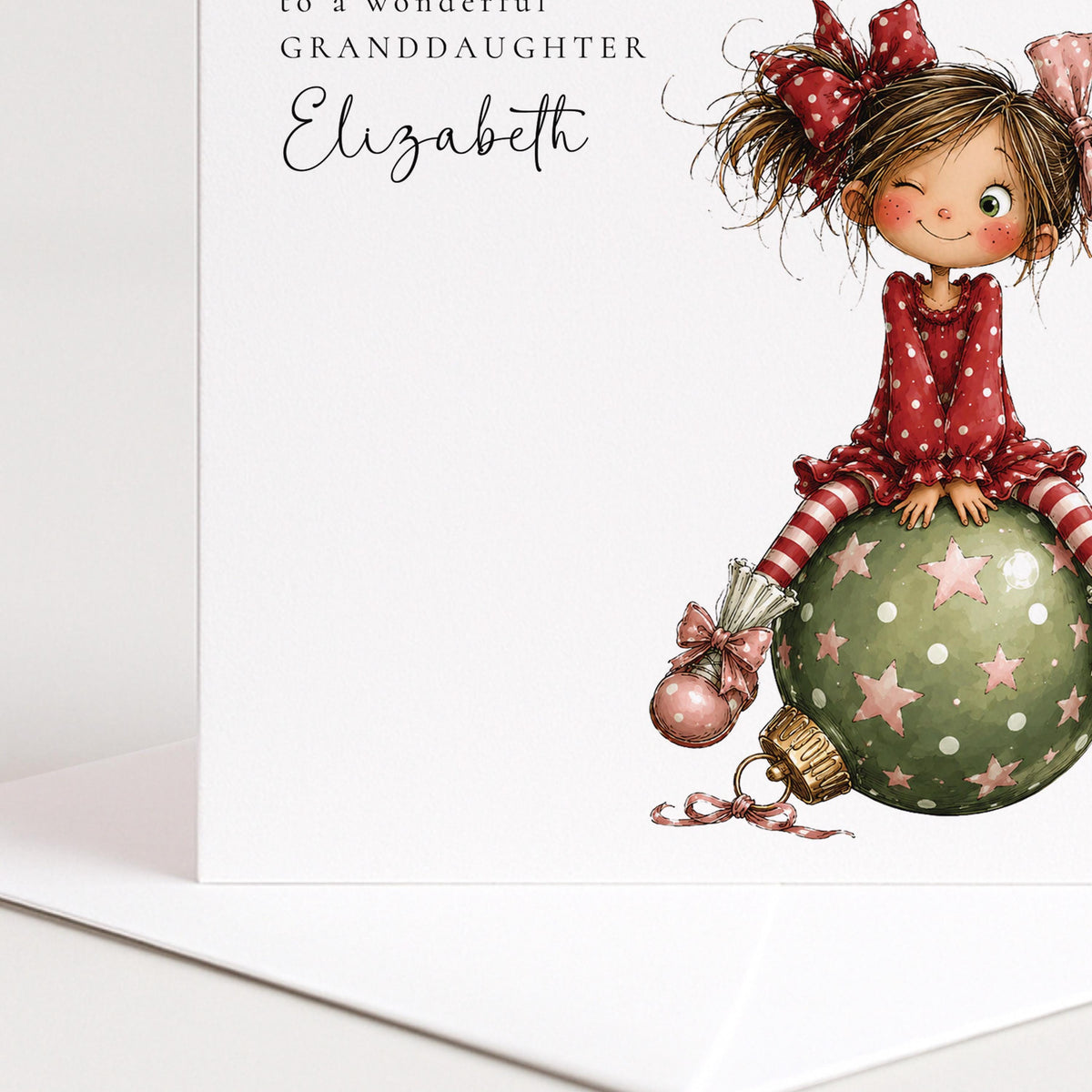 Personalised Christmas Card Granddaughter Cute Girl Bauble Design