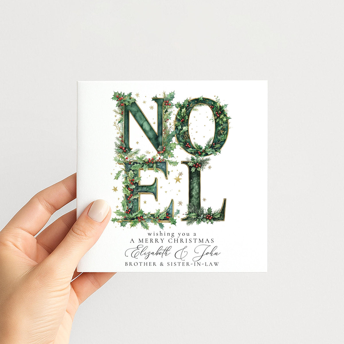 Personalised Noel Christmas Card Brother Sister-in-Law Holly Green