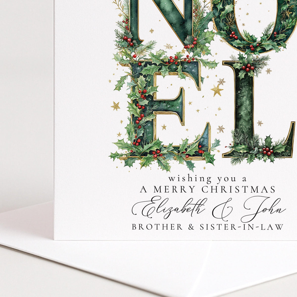 Personalised Noel Christmas Card Brother Sister-in-Law Holly Green