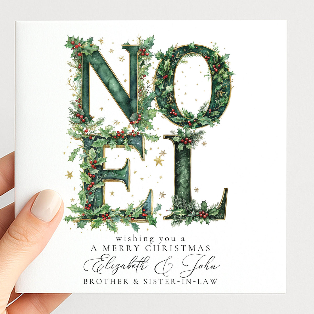 Personalised Noel Christmas Card Brother Sister-in-Law Holly Green