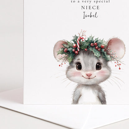 Personalised Niece Christmas Card Cute Mouse Xmas Card with Name UK