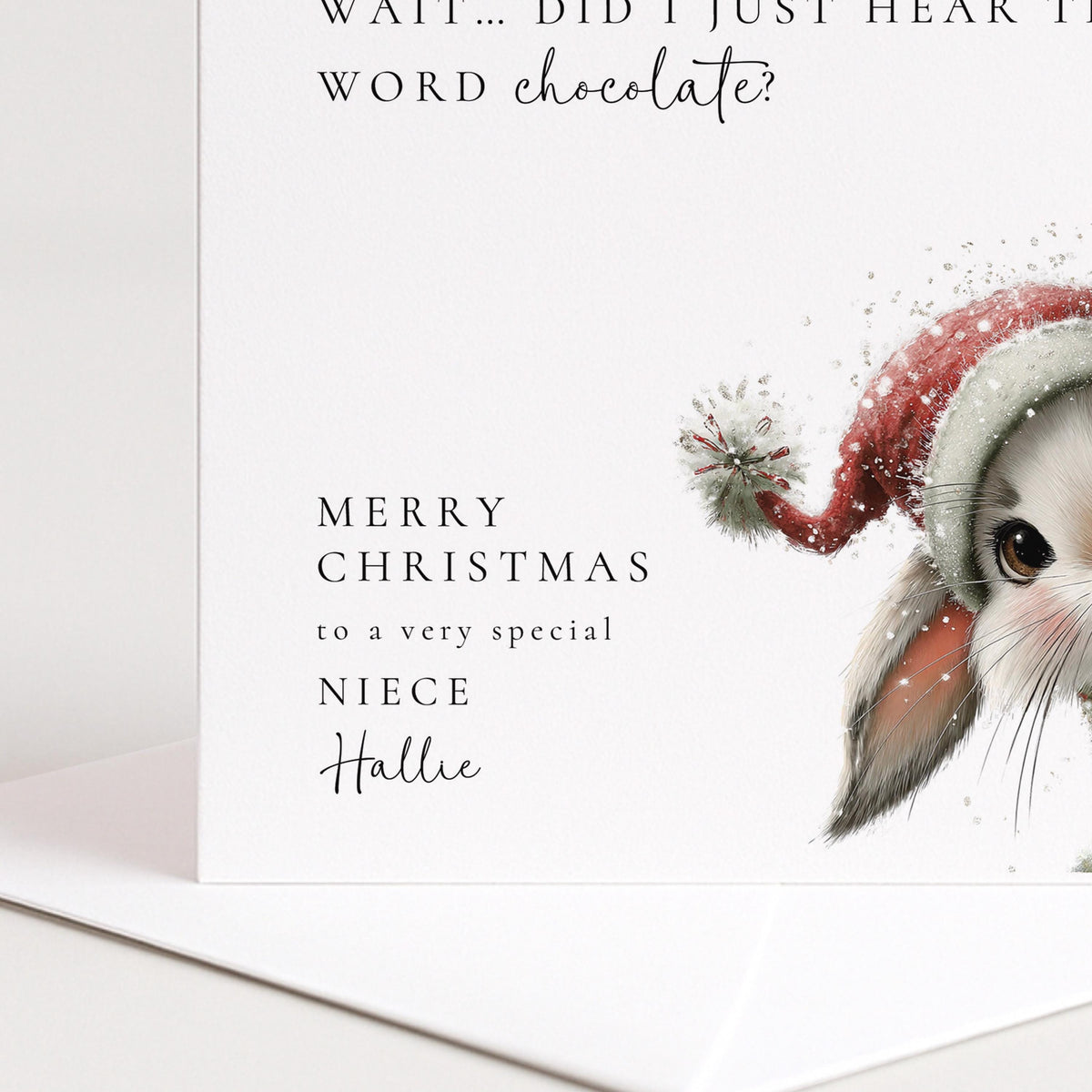 Funny Christmas Card for Niece | Cheeky Bunny Chocolate Joke | Personalised Custom Name Card