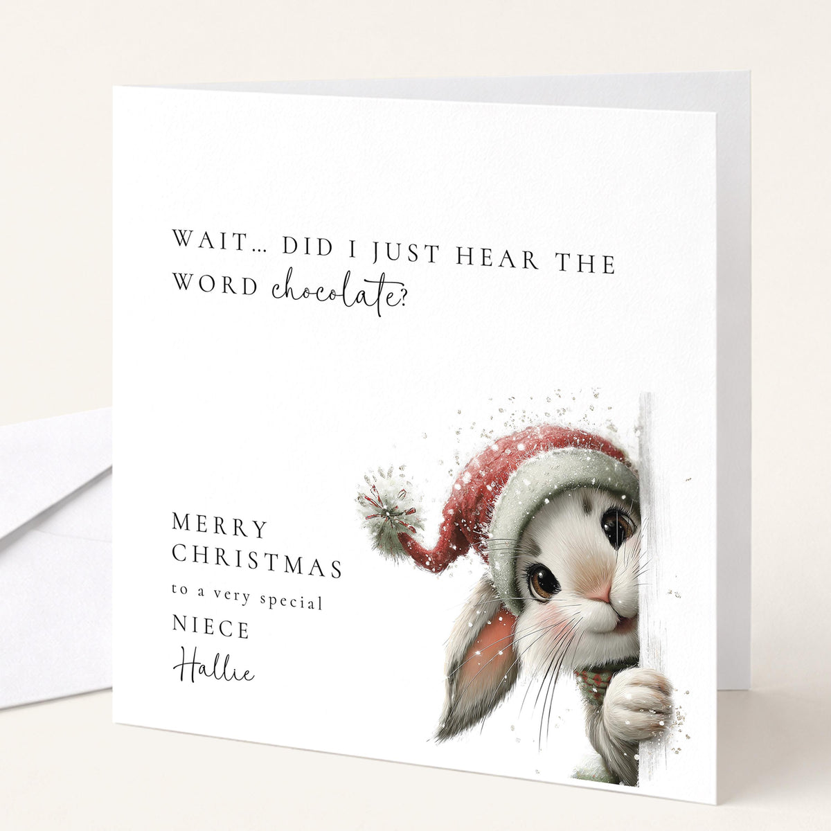 Funny Christmas Card for Niece | Cheeky Bunny Chocolate Joke | Personalised Custom Name Card