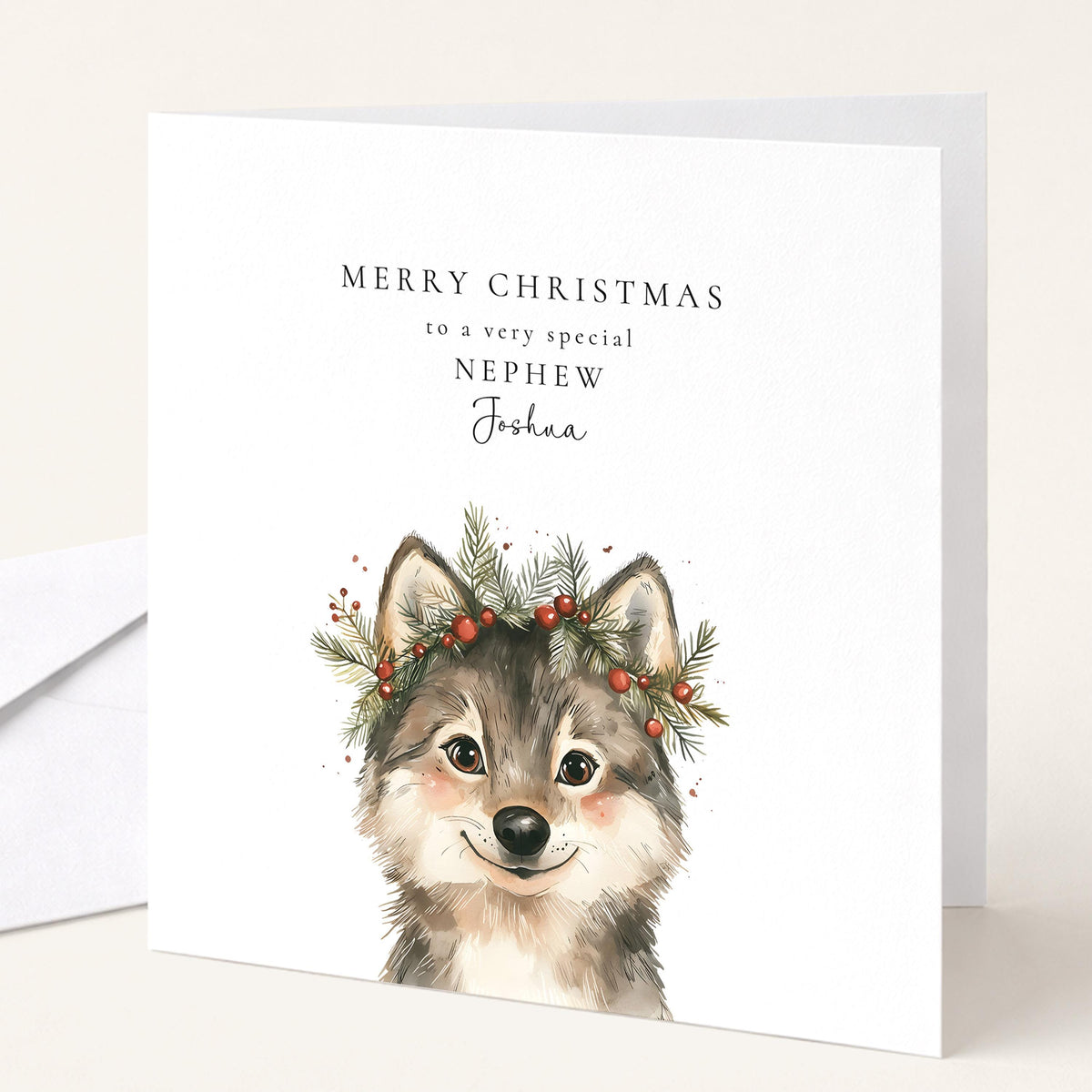 Personalised Nephew Christmas Card Cute Wolf Xmas Card with Name UK