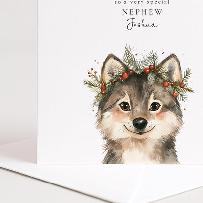Personalised Nephew Christmas Card Cute Wolf Xmas Card with Name UK