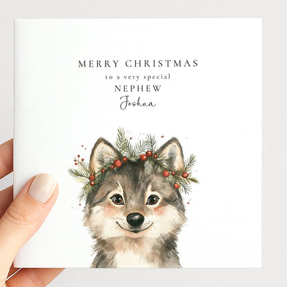 Personalised Nephew Christmas Card Cute Wolf Xmas Card with Name UK