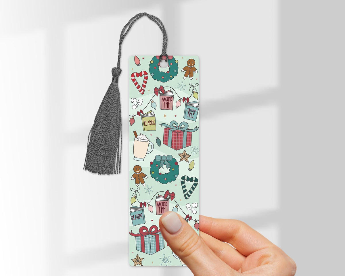Christmas Bookmark , Cosy Festive Reading Pattern , Laminated Bookmark with Tassel , Book Lover Gift