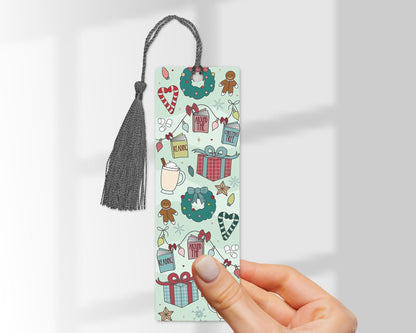 Christmas Bookmark , Cosy Festive Reading Pattern , Laminated Bookmark with Tassel , Book Lover Gift