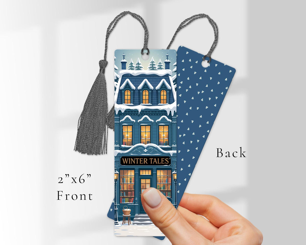 Book Lover Bookmark , Winter Tales Bookshop Illustration , Laminated Bookmark with Tassel , Reader Gift