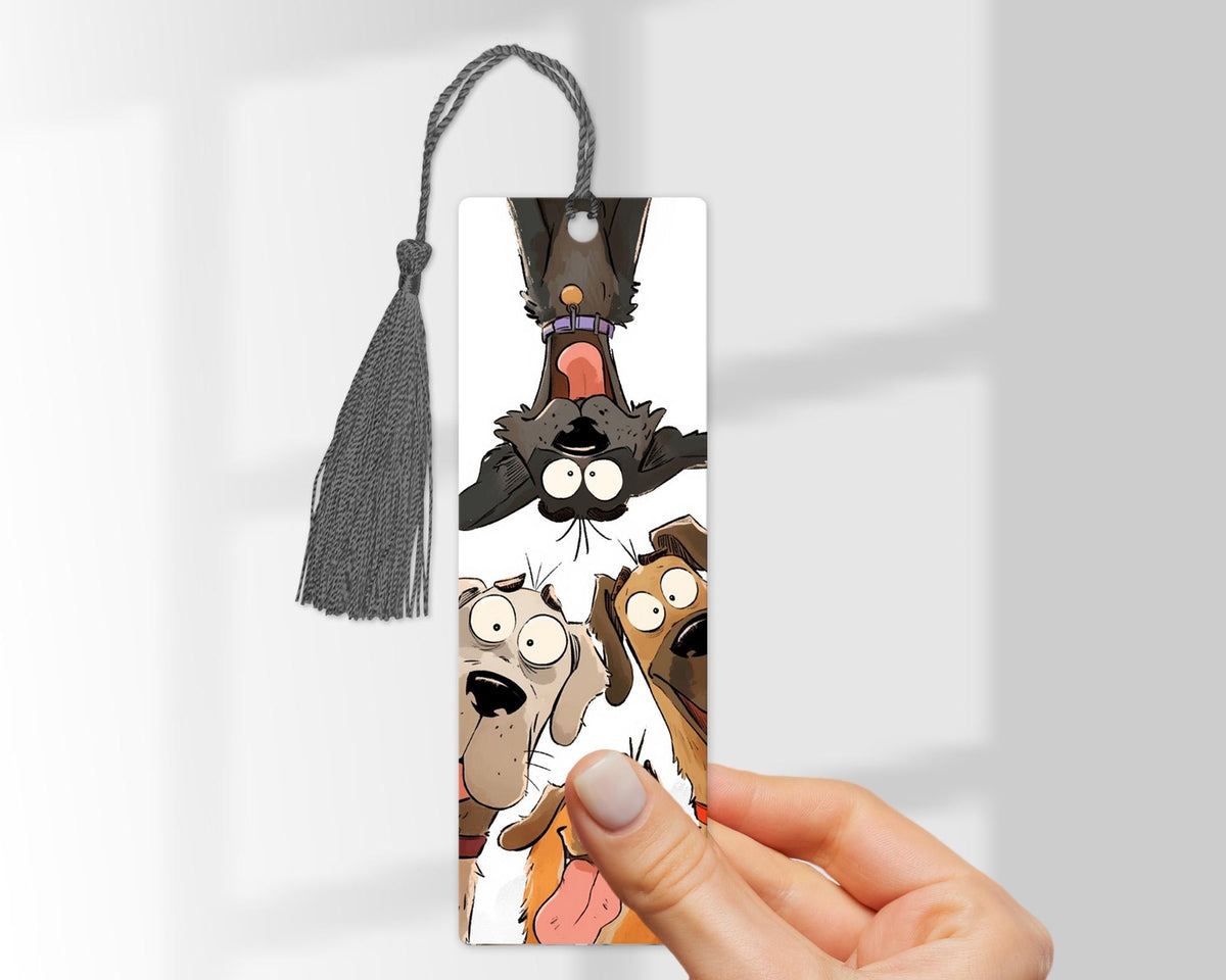 Funny Dog Bookmark , Comical Upside-Down Dog Selfie , Laminated Bookmark with Tassel , Dog Lover Gift