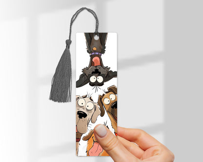 Funny Dog Bookmark , Comical Upside-Down Dog Selfie , Laminated Bookmark with Tassel , Dog Lover Gift
