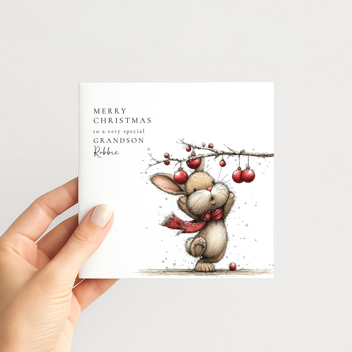 Personalised Christmas Card for Grandson , Cute Bunny with Baubles , Custom Name Card