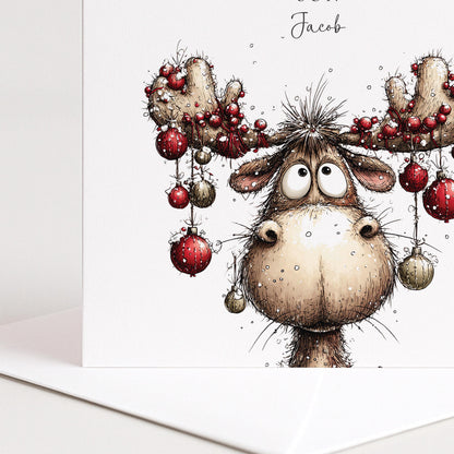 Funny Christmas Card for Son , Comical Moose with Bauble Antlers , Custom Name Card